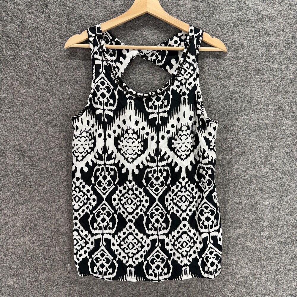 New Santiki Blouse Women L Large Black Geometric Sleeveless Wide Strap Rayon